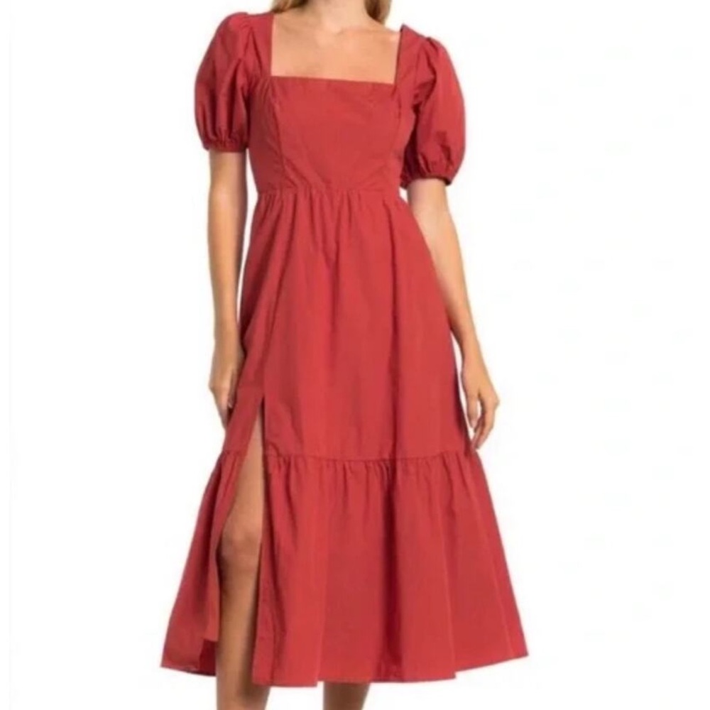 Astr Rust Colored Midi Dress with Ruffled Tiered Skirt and Puff Sleeves